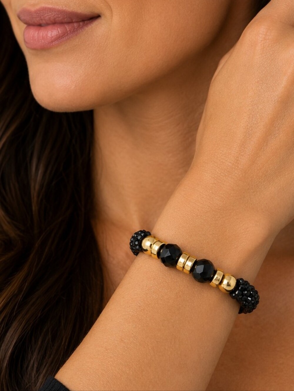 ๐ NWOT Black Gold Beaded Stretch Bracelet Faceted Crystal Statement Jewelry